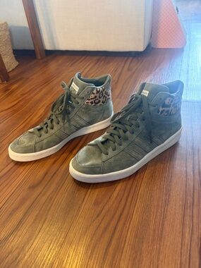 adidas Green Suede High-Top Sneakers with Leopard Collar